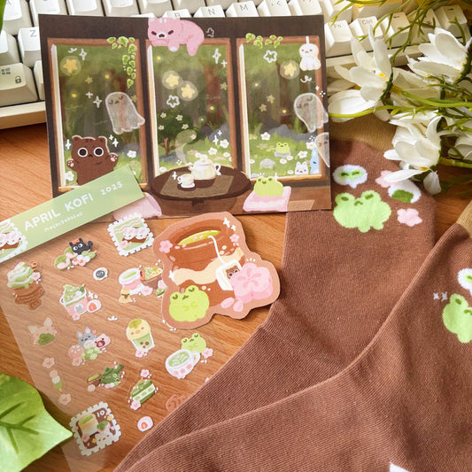 April Ko-Fi Sticker Sheet + Print + Socks Set - Matcha Tea House (Also available individually)