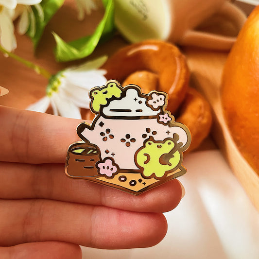 Frog Sakura Teapot Enamel Pin